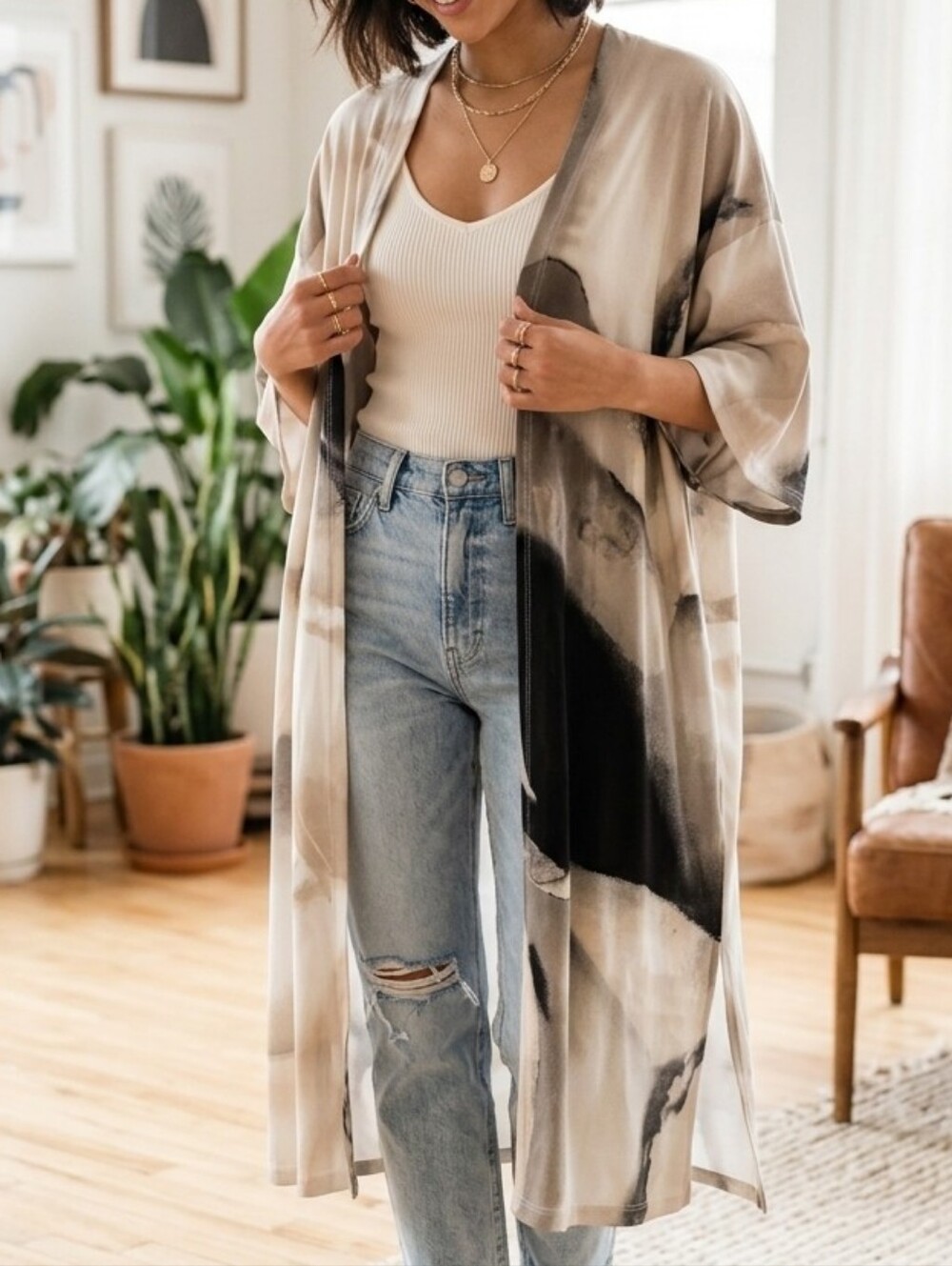 Sun Woo XL Abstract Watercolor Duster Kimono Cardigan Made in USA Open Front
